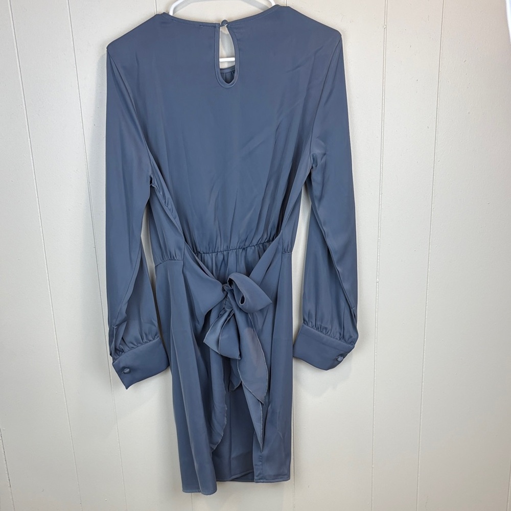 Stone Blue Satin Faux Wrap Dress - Picture 2 of 6